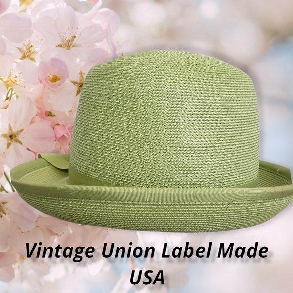 Vintage Straw Bowler Hat Apple Green Union USA Made in Hat Box EUC - Picture 6 of 12